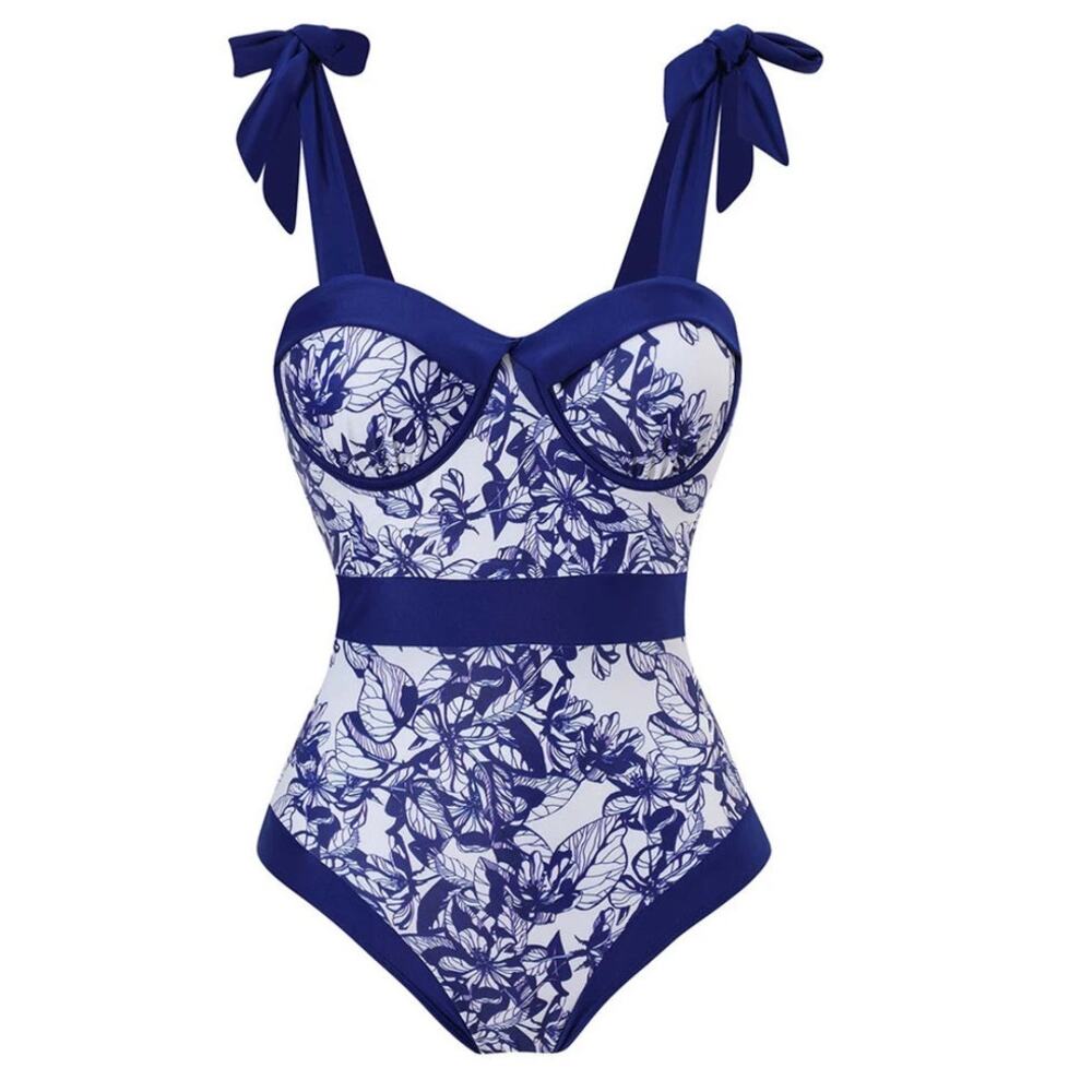 Blue White Toile Print One Piece Tie Shoulder Swim Suit Sz XL